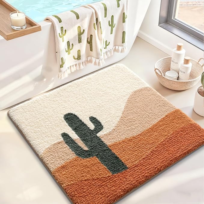 LUMI Bathroom Rugs with Cactus Plant, Square Bathroom Mat, Ultra Soft, Absorbent Quick Dry, Non-Slip Washable Shower Rugs, Luxury Carpet for Shower Floor, Bathtub, Home Decor, 26"x26"