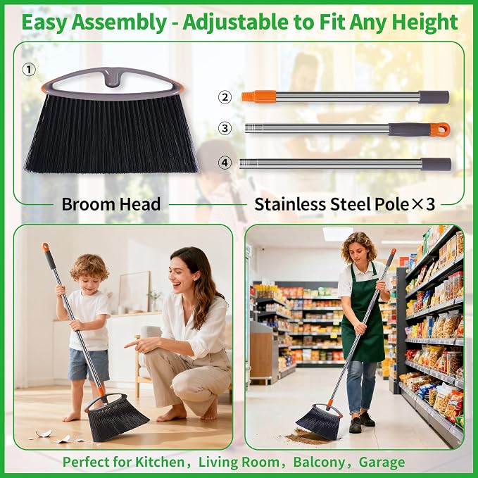 2 Pack Stiff Bristle Broom for Sweeping Indoor, Heavy Duty Broom with Collapsible Handle, Ideal for Indoor Outdoor Hardwood Floors Kitchen Salon Camping Cat Pets Hair Home Room Office, Gray