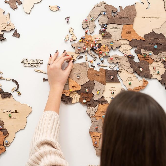 ENJOY THE WOOD 3D Wood World Map Wall Art Large Wall Décor - World Travel Map - Any Occasion Gift Idea - Art for Home & Kitchen or Office (2XL, Multicolor)