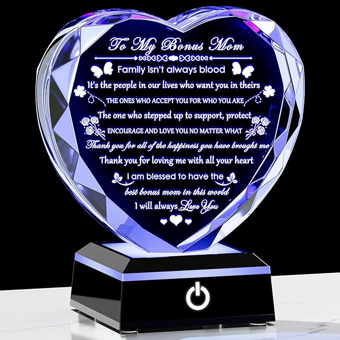 Arikyrist Bonus Mom Gifts with Colorful LED Base Crystal Heart Mothers Day Birthday Gifts for Stepmother Bonus Mom from Bonus Daughter Son Gift for Stepmom Mother in Law on Christmas Valentines