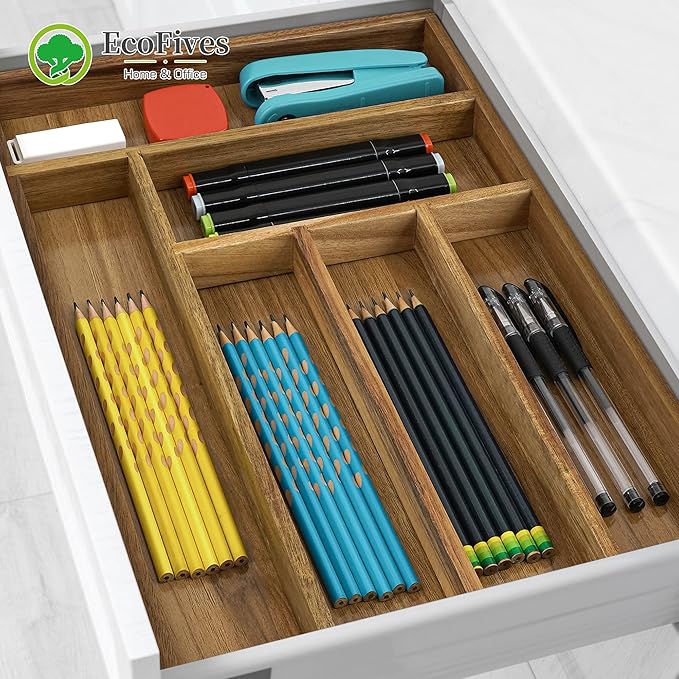 EcoFives Luxury Acacia Kitchen Drawer Organizer - Silverware Organizer - Utensil Holder and Cutlery Tray with Grooved Drawer Dividers for Flatware and Kitchen Utensils (6 Slot)