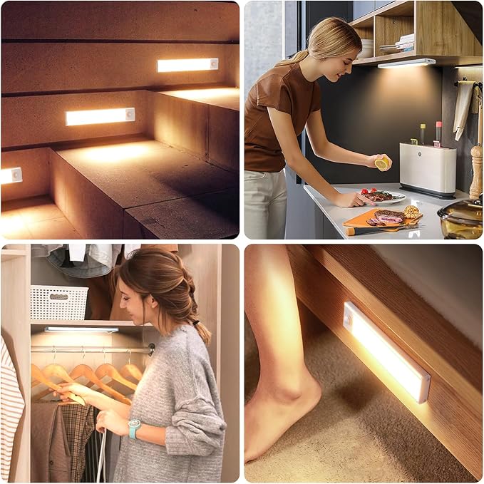 6 Pack Under Cabinet Lighting Wireless, 68 LED Rechargeable Battery Motion Sensor Light Indoor, Stick On Magnetic Closet Lights, Under Counter Lights for Kitchen, Stairs, Warm 16 in