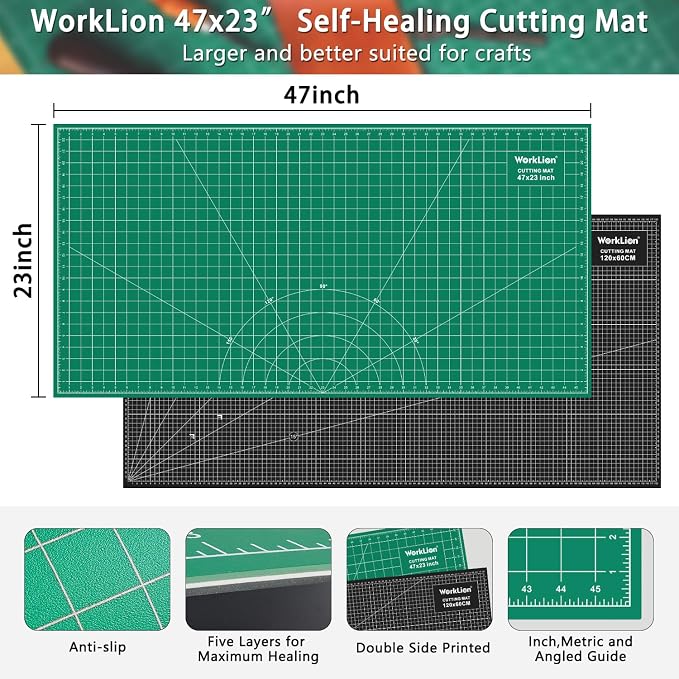 Large self healing cutting mat: 47''x23'' Double-Sided Craft Cutting Board for Table, Slip-Resistant 5-Ply Large Cutting Mat for Sewing,Fabric & Crafts (Green/Black)
