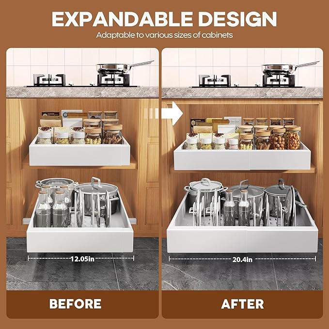Seinloes 4Pack Expandable Pull Out Cabinet Organizer 21"Deep with Raising Pad for Framed Cabinets,Slide Out Drawers with 4pcs Divider Racks,Roll Out Shelves Adhesive,Adjustable Width 12.05"-20.4"White