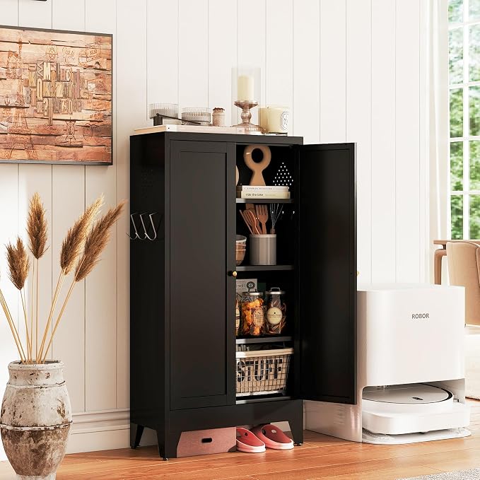 AQY Metal Pantry Cabinet, Black Kitchen Storage Cabinet with Doors | Adjustable Shelves Freestanding Storage Metal Cabinet Kitchen, Dining & Bathroom Organization
