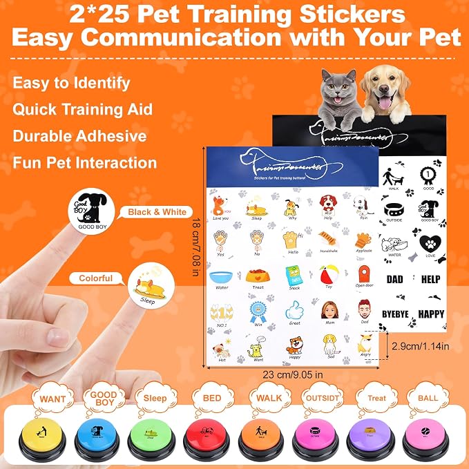 Dog Buttons for Communication,8Pcs Talking Button Set with 30s Recordable Voice Pet Training Buzzers with 2 Mats & 2 Stickers, Talking Buttons for Dogs & Cats (Batteries Not Included)