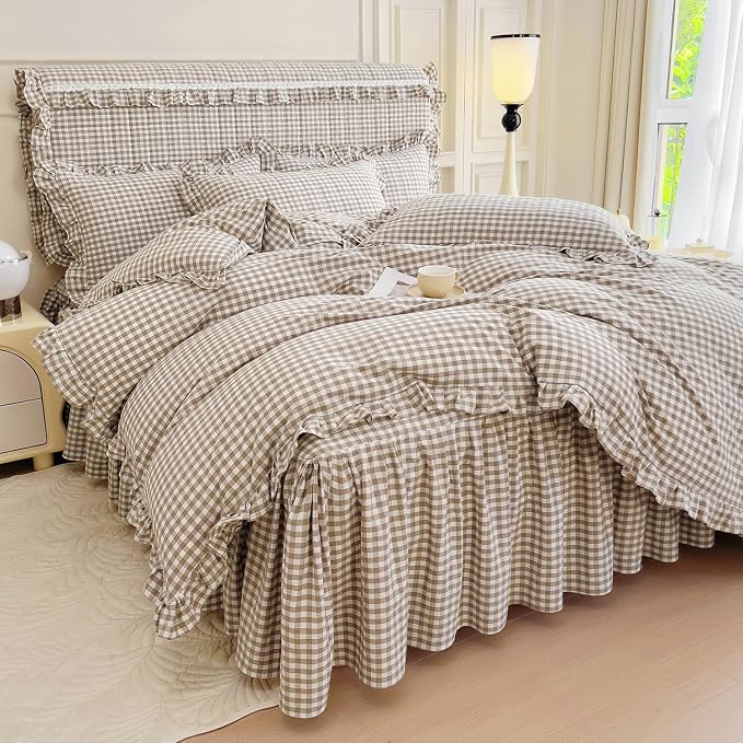 mixinni Tan Gingham Ruffle Duvet Cover King Size 3 Pieces – 100% Washed Cotton, Vintage Plaid Ruffled Bedding Set with Zipper Ties, Soft Cream Checkered Grid Farmhouse Chic Comforter Cover Set
