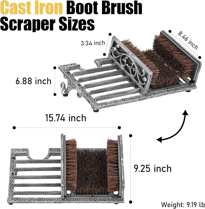 Heavy Duty Outdoor Boot Scrubber with Heel Remover | Vintage Sliver Cast Iron Boot Brush Scraper for Porch Garage Entrywa | Boot Cleaning Tool for Muddy Shoes