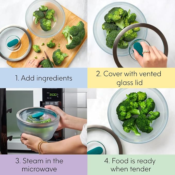 Anyday 7-Cup Glass Microwave Steamer Bowl (Clear Black Sesame) | Vegetables, BPA-Free, Vented Lid, Healthy Cooking Container, Broccoli, Veggies, Meal Prep