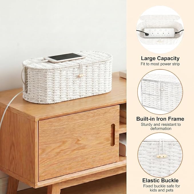 Set of 2 Cable Management Box, Handwoven Paper Rope Cord Hider Organizer Boxes with 3 Side Open Slots, Cable Organizer Box to Hide Cords Power Strip, USB Hub, TV Wires for Home, Office,Cream