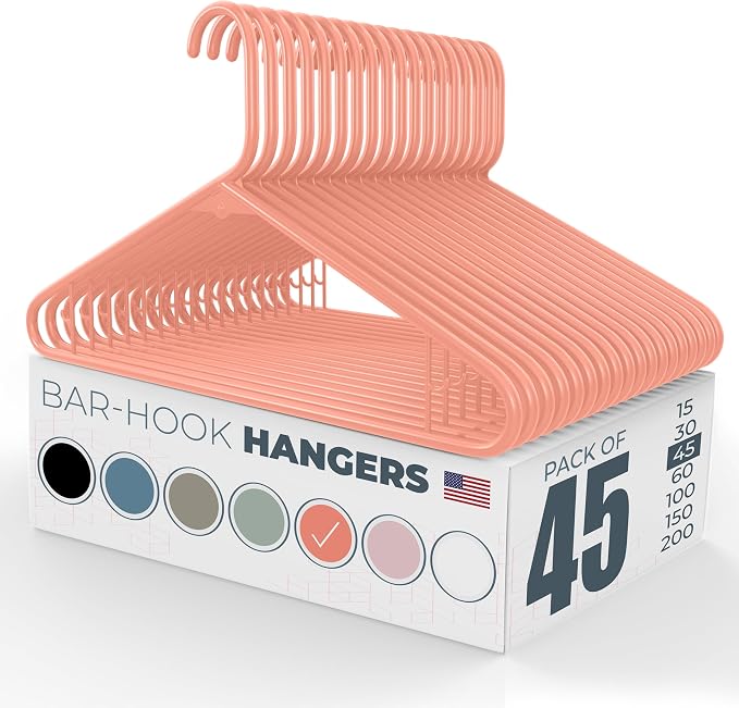 Plastic Hangers 45 Pack – Made in the USA – 6lb Capacity Standard Clothes Hangers with Strap Hooks for Dresses, Lingerie, Shirts, Pants, and Jackets – Peach