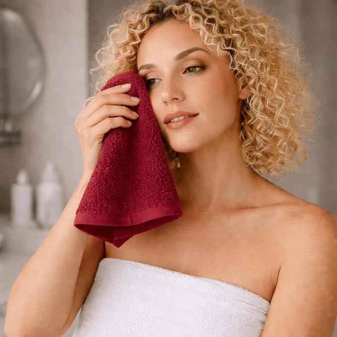 SALBAKOS 12-Piece 100% Turkish Cotton Washcloths and Face Towels, Wine | 13x13 in Standard Size Small Towel, Multi-use Bathroom & Kitchen, Thick Super Soft Absorbent Durable, Oeko-Tex Made in Turkey