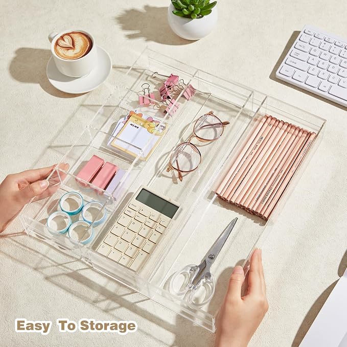 Briwooody 1 Pcs Acrylic Desk Drawer Organizer 12'' up to 16'' x 14.5'' x 2.2'' Expandable Drawer Organizer Trays with 7 Adjustable Compartments Clear Desk Accessories for Makeup Office Bathroom