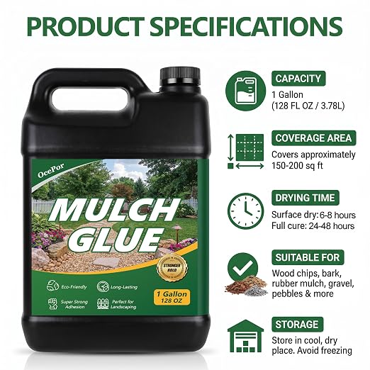OcePor 2 Gallon Mulch Glue for Landscaping, Rock Glue for Landscaping, Mulch Glue Max for Gravel Binder Adhesive to Lock Down Pea Gravel, Stone, Rubber Mulch, Wood Chips in Place for Outdoor Landscape