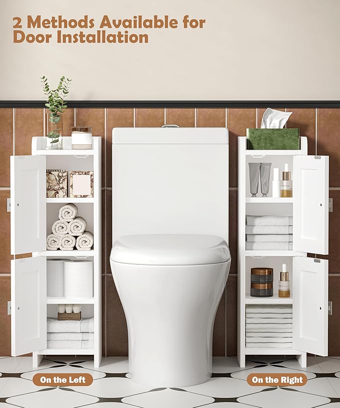 Akxomel Small Bathroom Cabinet Narrow Toilet Paper Organizer White | 7.9''D x 7.9''W Bathroom Organizer and Storage Cabinet for Small Space, Slim Corner Unit with Adjustable Shelf