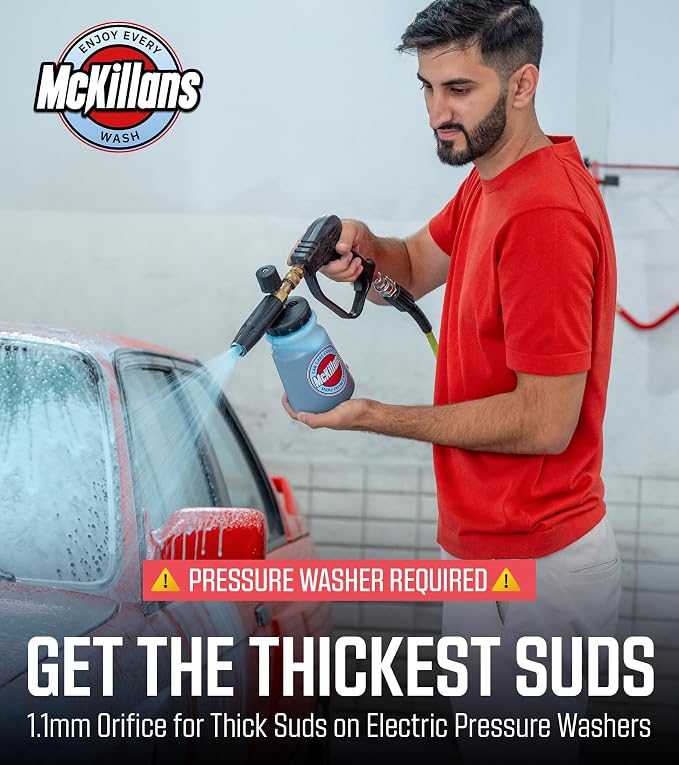 McKillans Pressure Washer Gun with Swivel & Foam Cannon Wide Mouth & M22-14mm Adapter - Adjustable Thick Foam - Power Washer Gun - 3/8" Male Plug & 1/4” Quick Connector Coupler