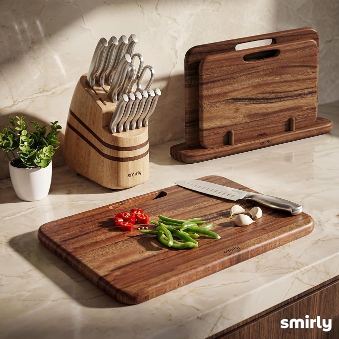 SMIRLY Cutting Boards for Kitchen - 3 Piece Walnut Cutting Board with Stand | Double-Sided Wood Cutting Board, Wooden Cutting Boards Non Toxic for Meat Vegetable Fruit, Food-Grade