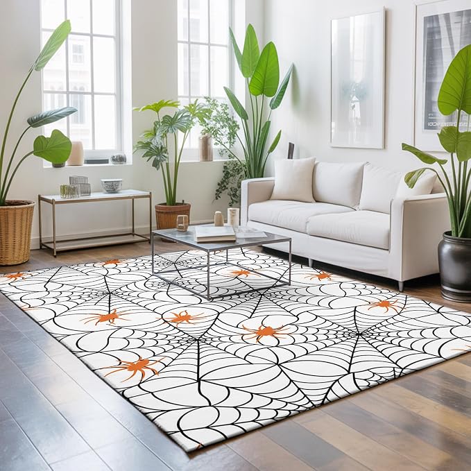Area Rug 3'x5', Halloween Washable Large Area Rugs for Kitchen Bedroom Laundry Bathroom Office, Black Net Classic Spiders Gingham Orange Non Slip Door Mat Indoor Entryway Floor Accent Throw Carpet
