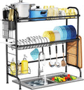 HOWDIA 3-Tier Over The Sink Dish Drying Rack,Stainless Steel Dish Rack | With Cutlery Holder & Chopping Board Rack, 33.9” x 11.4” x 32.3” for Maximum Kitchen Storage, Black