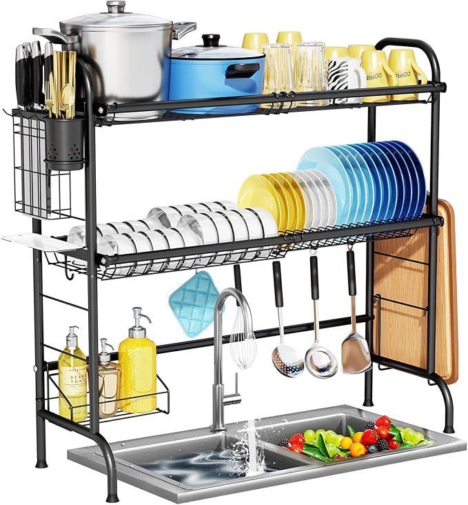 HOWDIA 3-Tier Over The Sink Dish Drying Rack,Stainless Steel Dish Rack | With Cutlery Holder & Chopping Board Rack, 33.9” x 11.4” x 32.3” for Maximum Kitchen Storage, Black