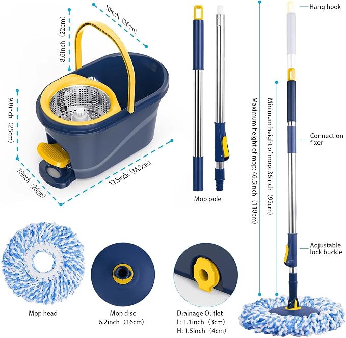 Spin Mop and Bucket with Wringer Set, 360° Rotating Microfiber Mop, Adjustable Handle, Hands-Free Wringing, Reusable Mop Heads (Light Yellow mop and Bucket + 5 mop Head)