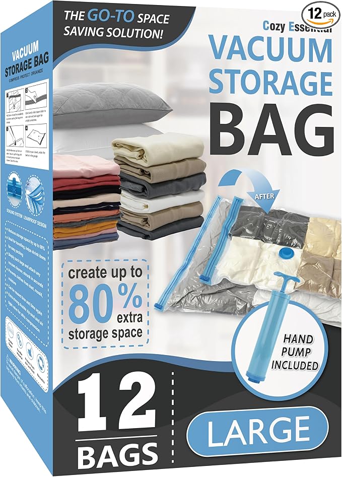 Cozy Essential Vacuum Storage Bags, 80% Compression Vacuum Seal Space Saver Plastic Packaging Bags for Clothes, Blankets, Pillow, Bedding, Comforters, Sealer Clothing Storage,12 Large