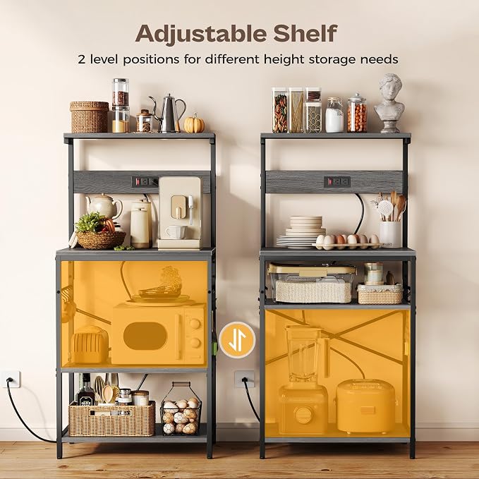 SUPERJARE Kitchen Bakers Rack with Power Outlet, Coffee Bar Table 4 Tiers, Kitchen Microwave Stand with 6 S-Shaped Hooks, Storage Shelf Rack for Spices, Pots and Pans - Charcoal Gray
