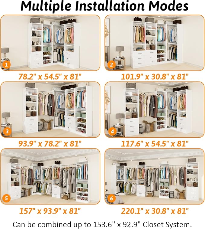 Vomavex Closet System with 4 sets, 101.9" Closet Organizer Systems with 6 Drawers & 8 Hanging Rods & Adjustable Shelves, Walk in Closet Standing Closet System, Corner Closet System Set, White