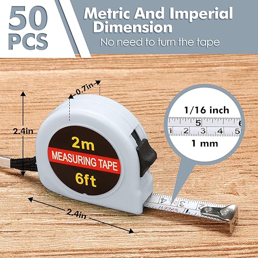 Copkim 50 Pcs Small Tape Measure Bulk 6 Ft 2M Mini Measuring Retractable Metric Tape Measure and Inch, Portable Easy to Read Measurement for Adults Prizes Construction Tool Party Favors (White)