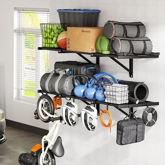 FLEXIMOUNTS 2x4ft Garage Wall Shelving, 2-Pack Heavy Duty Garage Shelving Wall Mounted with 8 Hooks, 400lbs Capacity, Storage for Power Tools, Garden Supplies, Storage Bins, Lite Series