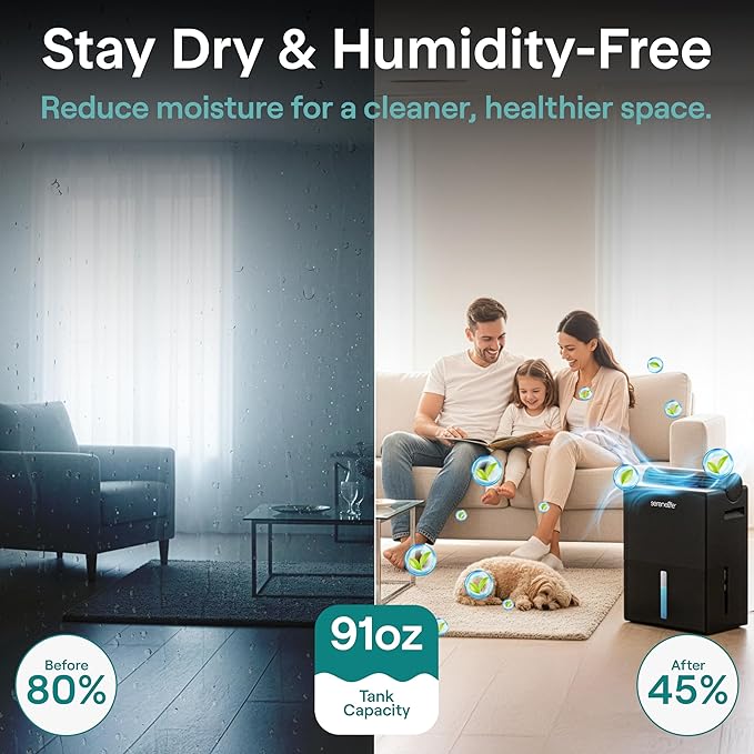 SereneLife 91 OZ Dehumidifier For Home | Covers 1200 SQ FT For Basements, Bedrooms, Bathrooms & Offices | Includes Removable Natural Dehumidifier For Closet | Set Timer, Sleep Mode & Humidity | Black