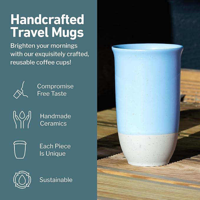 NOVA CERAMICS Travel Mug - Ceramic Coffee Mug With Lid – Microwave & Dishwasher Safe Coffee White & Grey Tumbler - Fits In Cup Holder – 16oz – Coastal Drift