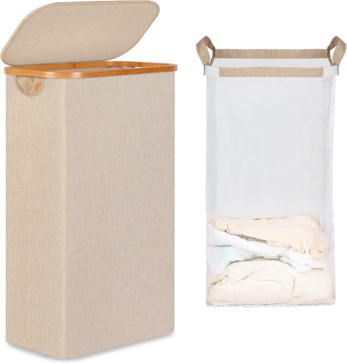 iEGrow 65L Slim Laundry Hamper, Narrow Laundry Basket with Lid,Foldable Clothes Hamper with Bamboo Handles,Hamper Basket with Removable Inner Bag for Laundry Room Bedroom College Dorm,Oatmeal