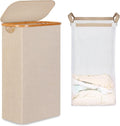 iEGrow 65L Slim Laundry Hamper, Narrow Laundry Basket with Lid,Foldable Clothes Hamper with Bamboo Handles,Hamper Basket with Removable Inner Bag for Laundry Room Bedroom College Dorm,Oatmeal