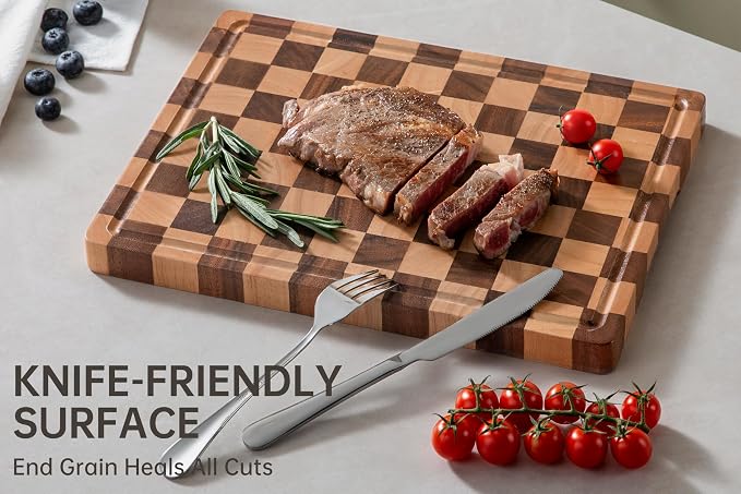 Cutting Boards for Kitchen, Checkered Wooden Cutting Board | 14"x11" Walnut End Grain Chopping Board with Juice Groove & Handle, Serving Tray for Prep Meat, Bread & Fruit