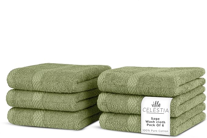 Villa Celestia Cotton Washcloths Set of 6, 12x12 Inch, 100% Ring-Spun Combed Cotton, Soft Absorbent Quick-Dry Wash Cloths for Face and Body, Oeko-TEX Certified, Hotel & Spa Quality, Sage