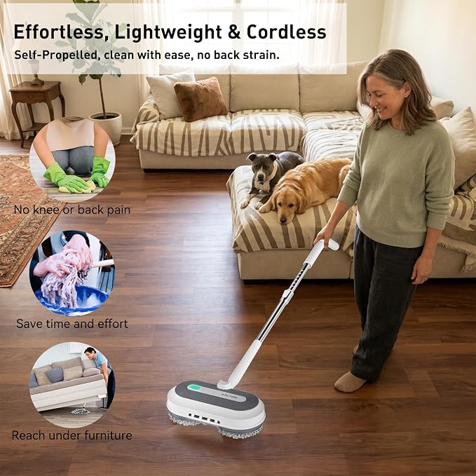 Cordless Electric Spin Mop with Spray and LED Headlight | Self-propelled dual-spin cleaning, 30-50 min runtime, 290 ml spray tank and 6 washable pads for sealed hard floors