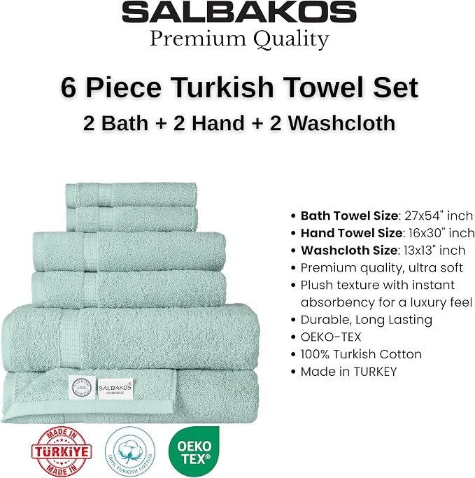 SALBAKOS 100% Turkish Cotton Bathroom Towel Set of 6-Piece, Seafoam Green | 630 Gsm Thick Super Soft Highly Absorbent 2 Bath + 2 Hand + 2 Washcloth Towels Sets, Giftable, Hotel Quality, Made in Turkey