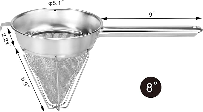 New Star Foodservice Reinforced Bouillon Strainer, 8-Inch, Fine Mesh, 18/8 Stainless Steel, Commercial Kitchen Strainer for Stocks, Sauces, Soups, and Purees