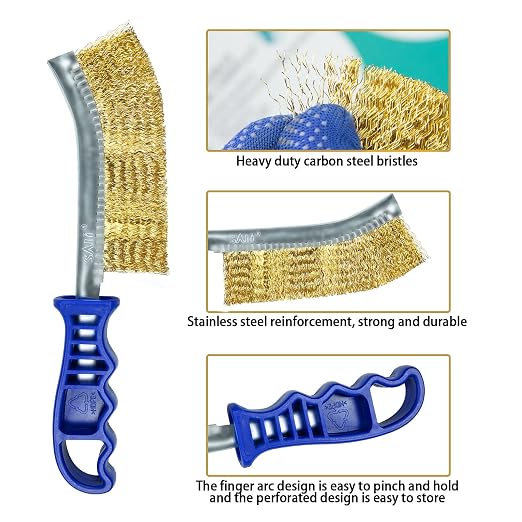 SALI Heavy Duty Wire Brushes for Cleaning Rust Removal Brass Brush Tool 11" Long Handle with Plastic Handle,for Automotive,Grill,Paint , Welding Slag&Household，More and Thicker Bristles Pack of 12