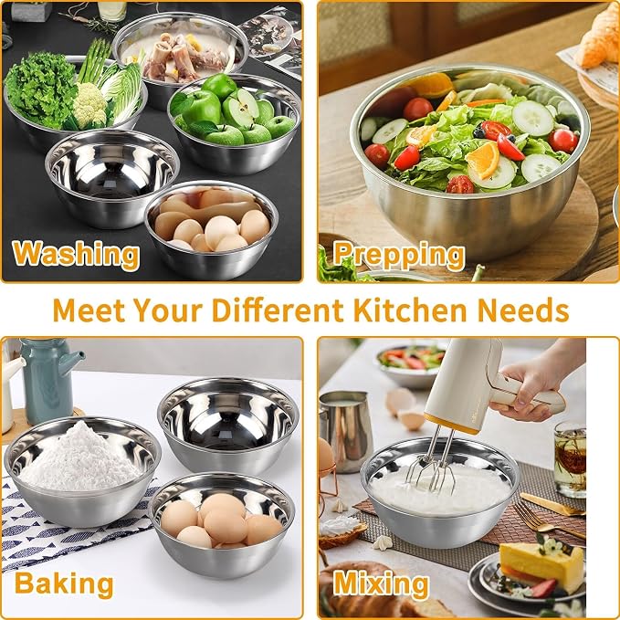 WEPSEN Mixing Bowls with Lid Set, 25PCS Kitchen Utensils Metal Bowl Stainless Steel Nesting Bowls, Measuring Cups and Spoons, Egg Whisk for Baking Prepping Cooking Serving Supplies