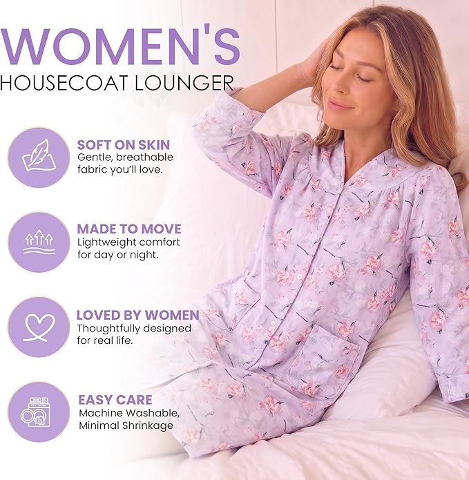 Casual Nights Women's Floral Snap Front Flannel Duster Long Sleeve Lounger Dress
