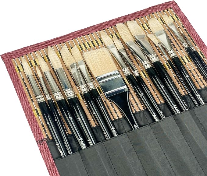 Falling in Art Oil Paint Brush Set, Natural Hog Bristle Paintbrush Set, 15PCS Long Handled Professional Paint Brushes for Acrylic Painting, Oil Paint Brushes with Bamboo Storage Pouch