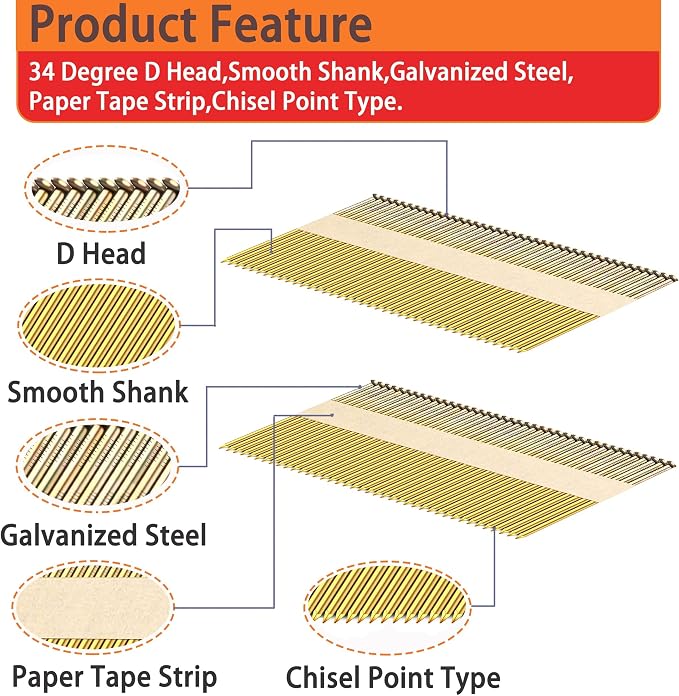 34°Framing Nails,Smooth Shank,3-1/2":1000pcs | D Head Nail Pack,Galvanized Paper Tape Strip Nails,for 30 to 34 Degree Framing Nailer