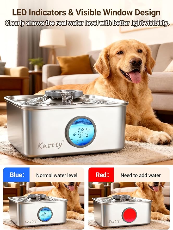 Kastty 15L/4 Gal Stainless Steel Dog Water Fountain for Large Dogs | Ultra-Quiet Automatic Pet Water Fountain with Water Level LED Light,Easy Cleaning Dog Water Bowl Dispenser for Multi-Pet FS79