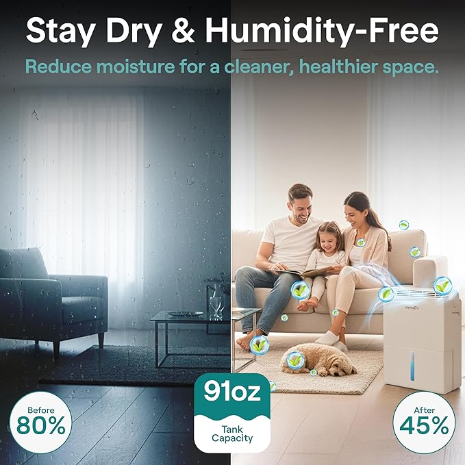 SereneLife 91 OZ Dehumidifier For Home | Covers 1200 SQ FT For Basements, Bedrooms, Bathrooms & Offices | Includes Removable Natural Dehumidifier For Closet | Set Timer, Sleep Mode & Humidity | White