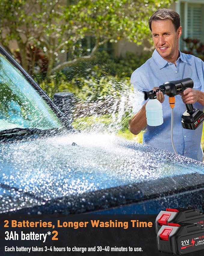 Cordless Car Washer, Portable Cleaning System with 3.0Ah Battery*2, 6-in-1 Nozzle, Foam Sprayer, 17FT Hose, Self-Priming for Car, Garden & Floor Cleaning