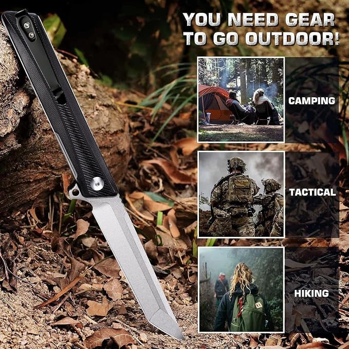 Pocket Knife GD22K, Flipper Open D2 Steel Tanto Folding knife with Durable G10 Handle,Men Women Everyday Carry EDC Knife,Sharp Camping Hiking Daily Work Knives