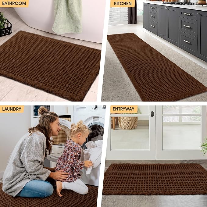 IM HOME Waffle Bath Mat Brown 4'x2', Boho Woven Modern Bath Mat Rugs, Absorbent Non Slip Bathroom Rugs, Soft Washable Bath Rugs with Tassels for Bathroom, Bedroom, Kitchen, Shower, Tub