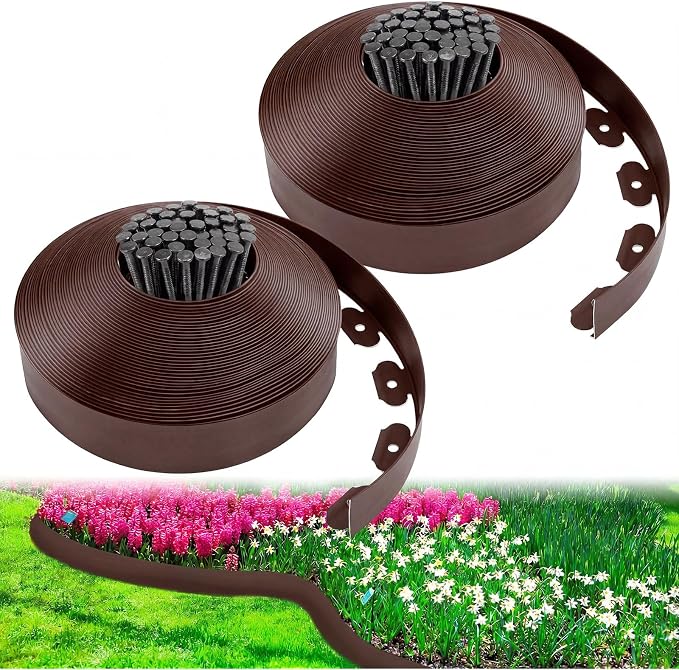 2.5 Inch x 200 FT Landscape Edging Kit Garden Edging Border with 120 Spikes 10 Connectors Flexible Plastic Edge Border for Landscaping Lawn Garden Flower Beds Yard Paver Pathway(Brown)